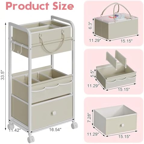 Cidaziya 2In1 Baby Diaper Caddy Organizer and Storage, 3 Tier Rolling Cart with Drawer, Detachable Dividers, Mobile Utility Cart Baby Dresser Clothes Organizer for Baby Essentials, Bedroom, Nursery - Image 2