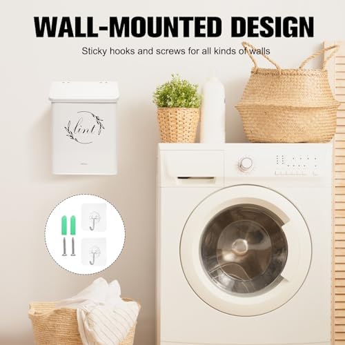 Magnetic Lint Bin for Laundry Room, Metal Lint Trash Can with Lid for Dryer, Wall Mounted Lint Holder Box with Lint Brush, Modern Farmhouse Laundry Room Decor, Cream - Image 5