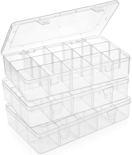 Bead Organizer Storage 3 Pack 15 Grid Clear Plastic Tackle Box Adjustable by SGHUO