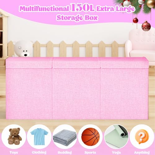 Large Toy Box Storage with Lid, Collapsible Sturdy Toy Chest Bin Pink - Image 4