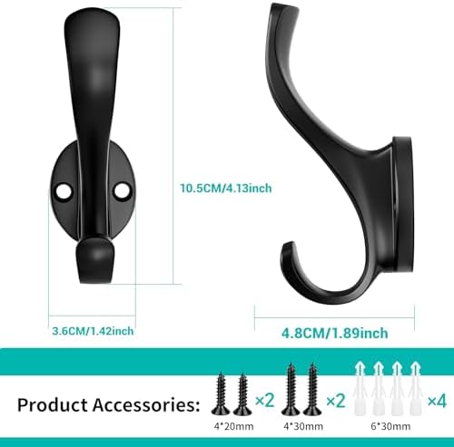 Coat Hooks Heavy Duty - Easy to Install Metal Towel Hooks Screw-in Wall Hooks for Hanging Hat, Towel, Key, Robe, Scarf, Bag, Cap (4 PCS Black) - Image 2