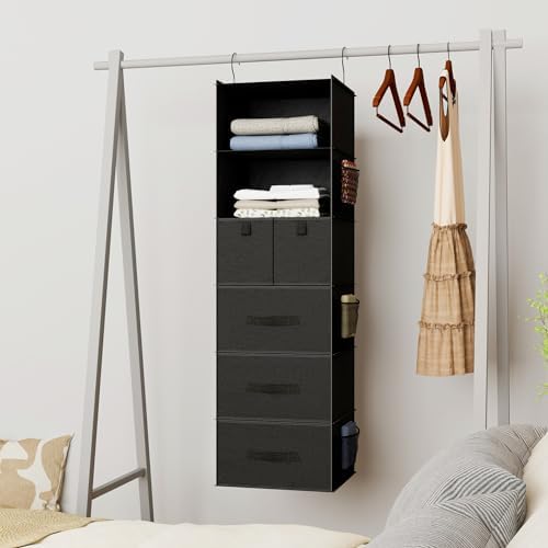 6-Shelf Hanging Closet Organizer with 5 Drawers, Non-Woven Storage, Black - Image 2