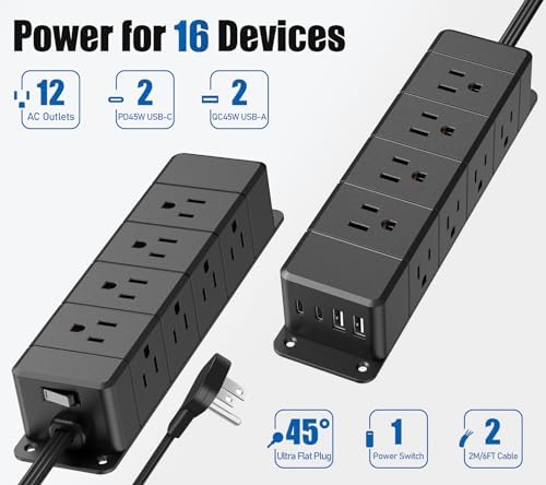 45W Under Desk Power Strip with Switch 12 Outlet 4 USB 1200J 6FT Black - Image 3