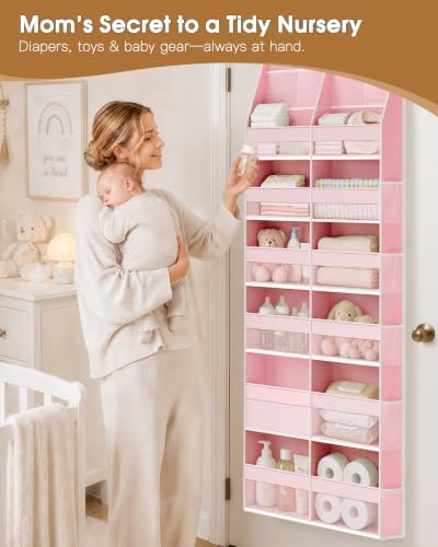 Criusia Over the Door Organizer, Extra Large 12 Compartments Closet Hanging Storage with 14 Mesh Pockets, 85lbs Capacity Behind the Door Storage for Baby Nursery, Bathroom, Bedroom, and Dorm, Pink - Image 4