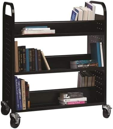 Hirsh Rolling Library or Home Office Double-Sided Sloped Shelves Book Cart with Lockable Wheels in Black - Image 6