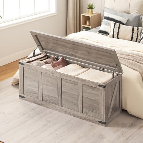 HOOBRO 47.2”Storage Bench Large, Toy Box with 2 Safety Hinges, Farmhouse Wooden Storage Chest, Easy Assembly for Bedroom, Living Room, Entryway, Greige BG520CW01G1 - Image 4