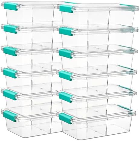 Vtopmart 12 Pack 1.5Qt Clear Pencil Box, Plastic Pencil Holder with Removable Divider for Pen Organizer, Small Stackable Containers with Lid for Pen, Art Craft, Sticker, Scrapbook & Office Supplies by Vtopmart