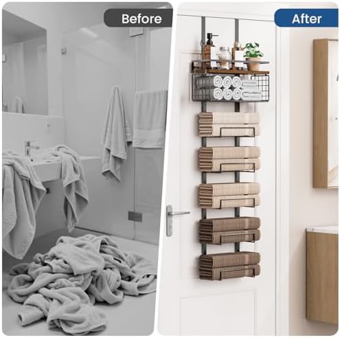 Aetyord Towel Racks for Bathroom Over The Door Towel Racks Towel Storage Organizer with Metal Shelf Basket for Bathroom Rv Camper (7-Tier Black with Brown Plank) - Image 5