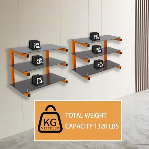 4 Pack Wall-Mounted Lumber Rack, Heavy Duty Wood Storage Racks, 6-Level System Garage Shelving, 1320 LBS Capacity Hanging Organizer Shelves, Orange Brackets Utility Metal Shelf for Indoor and Outdoor - Image 6