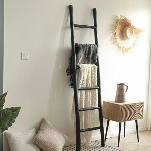 FUIN Blanket Ladder, 6ft Rustic Solid Wood Decorative Ladder, Black - Image 2
