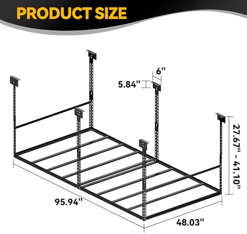 4x8 Ft Overhead Garage Storage Rack, 28-41 inch Height Adjustable Ceiling Mounted Organization Rack, 750 lbs Weight Capacity, 48"x96" Metal Rack for Garage Storage with Hanging Rods - Image 6