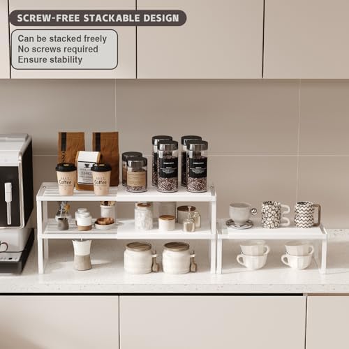 Magheo Expandable Cabinet Shelf Organizer, 2 Pack Stackable Kitchen Counter Shelf Riser, Metal Spice Rack Heavy Duty Countertop Organizer Storage for Kitchen, Pantry, Cupboard, Rv (5.9in Height,White) - Image 3