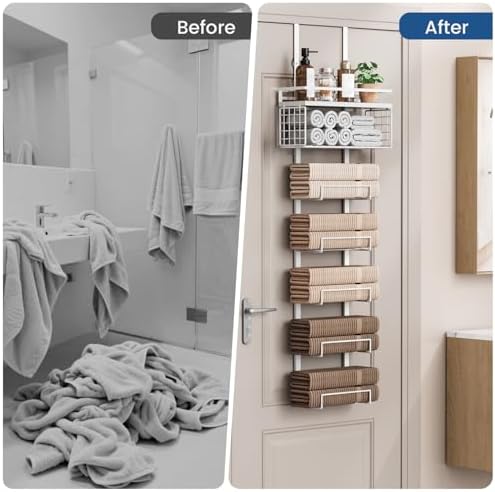 Aetyord Towel Racks for Bathroom Over The Door Towel Racks Towel Storage Organizer with Metal Shelf Basket for Bathroom Rv Camper (7-Tier White) - Image 5