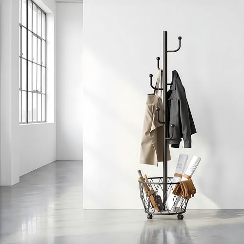 Black Moveable Cactus Metal Coat Rack with Basket Freestanding 65" - Image 5