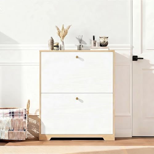 Nicetree Shoe Storage Cabinet with 2 Flip Drawers, Natural Oak and White - Image 6