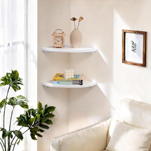 Gieanoo White Corner Wall Shelf 10inch Solid Oak Wood Floating Corner Shelf with Wire Hole Corner Wall Storage Display Shelves for Living Room Bedroom Bathroom Kitchen - Image 2