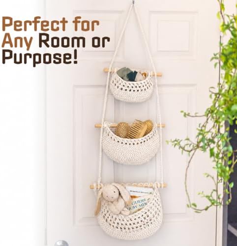 Cotton Hanging Fruit Basket, 3 Tier Woven Wall Basket, Hanging storage baskets for Kitchen and Bathroom, Macrame Wall Hanging, Boho Decor Over The Door Organizer, White - Image 7
