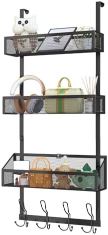 4-Tier Over The Door Hooks Organizer, Over Door Hanger with 12 Coat Hooks & 3 Mesh Baskets, Space-Saving, Rustproof Storage Organizer for Bathroom, Bedroom, Kitchen, Dorm, Black by Hocookeper