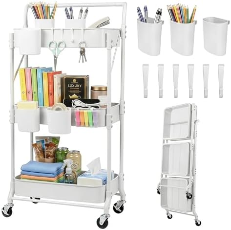 Amatic 3 Tier Folding Rolling Utility Cart with Wheels, Metal Foldable Storage Cart Organizer with 3 Hanging Cups & 6 Hooks for Kitchen, Office, Living Room, Nursery(White) by Amatic