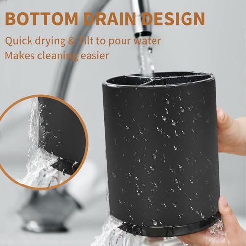 Nigelia Extra Large Kitchen Utensil Holder, 360° Rotating Stainless Steel Cooking Utensil Holder for Countertop, 3 Compartment Flatware Organizer & Cooking Caddy with Removable Base（Black） - Image 5