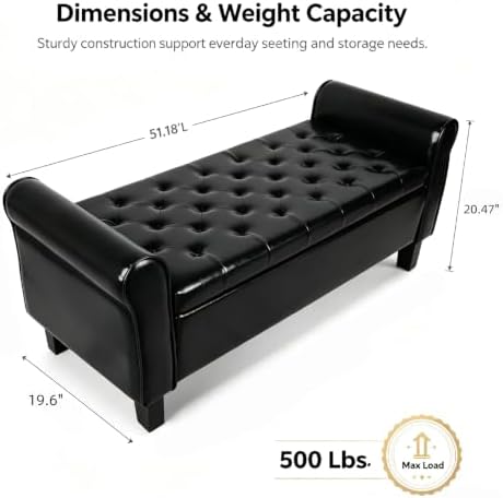 51 Inch Black Faux Leather Storage Ottoman Bench with Rolled Armrests - Image 2
