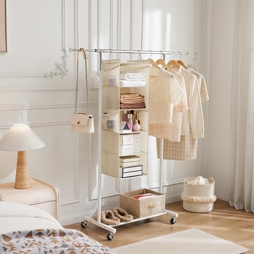 MAX Houser 5 Tier Hanging Closet Organizer with 4 Side Pockets, Beige - Image 2