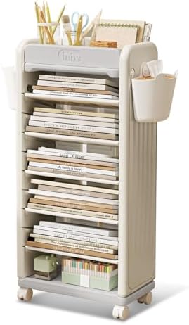 UNICOO® 7 Tier Book Cart | Mobile Bookshelf, Rolling Storage Cart & Mobile Organizer, Lightweight Book Carts with Wheels and Tiered Cart w/Shelving for Home, Office, & Classroom (Gray) by UNICOO
