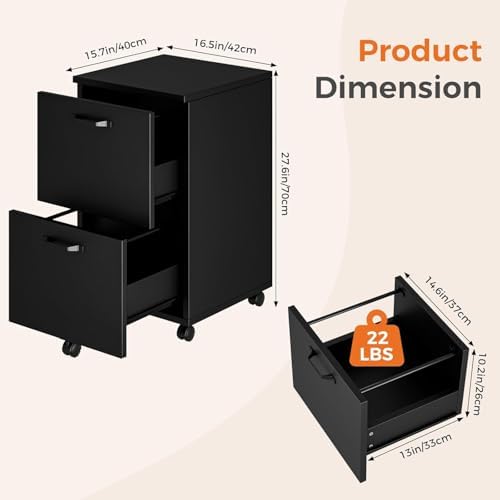 2 Drawer Filing Cabinet, Wood Rolling Filing Cabinets with Printer Stand, Under Desk Storage Lockable Wheels, Home Office Organizer for A4 Letter Legal Size Documents,Black - Image 3