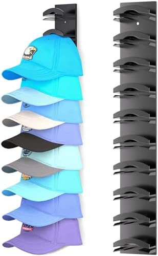 Hat Organizer for Baseball Caps, Hat Rack for Wall with Strong Adhesive Hold up to 10 Hats, Hat Hanger Holder Display for Door Closet, Cap Organizer Storage Multilayer Two Mounting Option(Black) by Houoisheck
