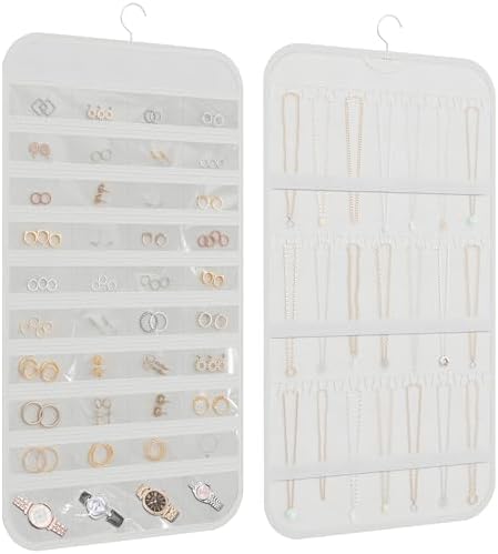 Double-Sided Hanging Jewelry Organizer for Necklaces Earrings, 2-Pack White by DonYeco