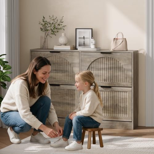 Fluted Shoe Storage Cabinet for Entryway, 4 Flip Drawers, Grey - Image 7