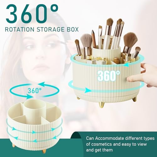 Diesisa Makeup Brush Holder Organizer,360° Rotating Makeup Brush Organizer,5 Slot Make up Brushes Cup for Cosmetics, Nail Polish, Art Supply, Bathroom Vanity Desktop Organizer - Cream - Image 2