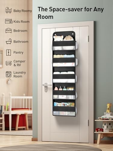 Yecaye 1 Pc Over the Door Organizer with 5 Bins 10 Side Pockets, 44lbs Load Hanging Bathroom and Bedroom Organizer, behind the Door Hanging Organizers for Nursery Newborn Baby Essential Stuff Black - Image 7