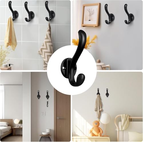 4 Pack Coat Hooks Wall Mount Heavy Duty Utility Retro Double Hooks for Hanging Coats,Hat, Towel, Key, Robe, Scarf, Bag, Cap (Black) - Image 2