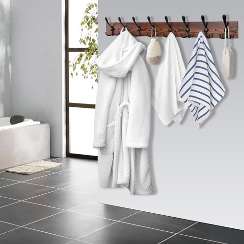 Kuhome 32.2'' Large Coat Rack Wall Mount Coat Hooks Coat Hanger with 8 Metal Black Triple- Hooks Brown Pine Real Wood Plank Hat Rack for Wall Hooks for Hanging Coat Hat Jacket - Image 5