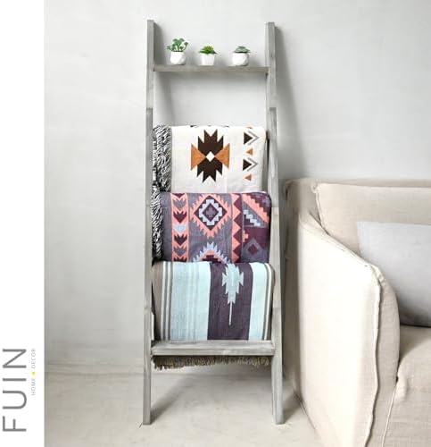 FUIN Blanket Ladder, 5ft Rectangle Rung Rustic Solid Wood Decor Rack, Grey - Image 5