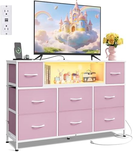 WLIVE LED Dresser TV Stand for 55 Inch TV, 8 Fabric Drawers, Pink Dresser by WLIVE