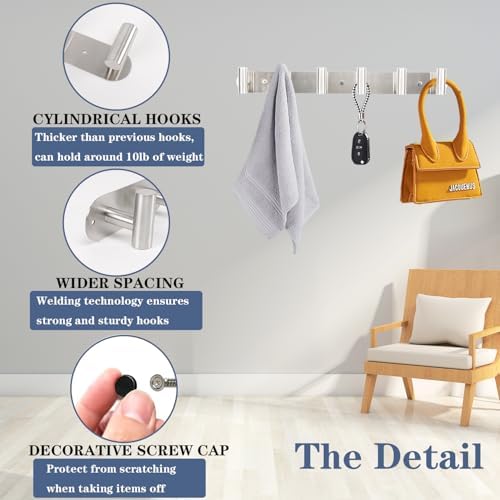Coat Hook Rack, Wall Mounted Rack with 4 Hooks, Heavy Duty Towel Rack Wall Hooks for Hanging Jacket, Stainless Steel Coat Hanger for Bathroom Entryway Mudroom (Brushed Nickel) - Image 5