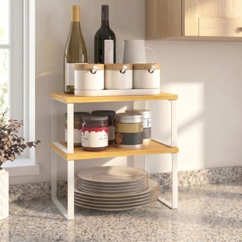 Kitchen Cabinet Organizer Shelf, Set of 4 Wood Kitchen Counter Shelves Riser with Metal Legs, Stackable Expandable Kitchen Storage Spice Rack, Can Cup Dish Organizer, Bamboo - Image 4