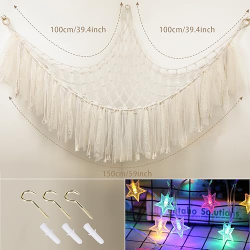 Stuffed Animal Hammock with LED Lights - 59 Inch Large Toy Storage Net for Kids Bedroom, Wall-Mounted Plush Organizer with Wooden Rings, Nursery Decor (Handwoven, White) - Image 2