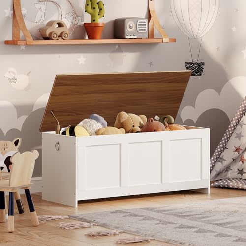 HOOBRO 47.2" Large Storage Bench, Retro Storage Chest with Safety Hinge, Wooden Storage Trunk, Toy Chest with Lift Top for Bedroom, Living Room, Entryway, White and Walnut WH412CW01G1 - Image 6