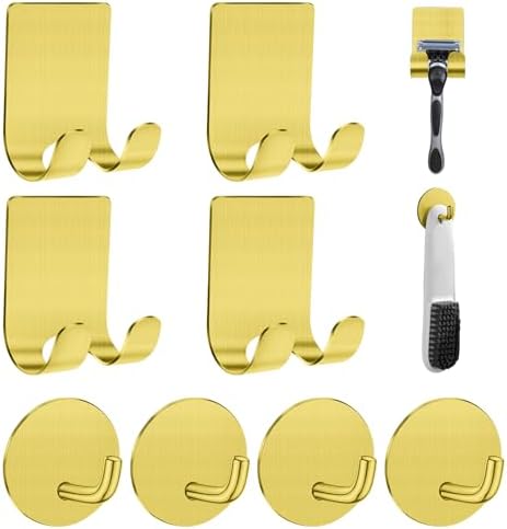 Razor Holder for Shower + Adhesive Wall Hooks, Premium 304 Stainless Steel Shower Razor Holder with Heavy Duty Waterproof Sticky Hooks for Hanging Towels, Coat, hat (4+4 Pack) - Gold by Home