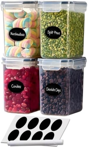 DWËLLZA KITCHEN Airtight Food Storage Container Set - 4 Pieces 1.4L - Plastic BPA Free Kitchen Pantry Storage Containers with Lids - Dishwasher Safe - Include 8 Labels - Keeps Food Fresh & Dry by DW%C3%8BLLZAKITCHEN
