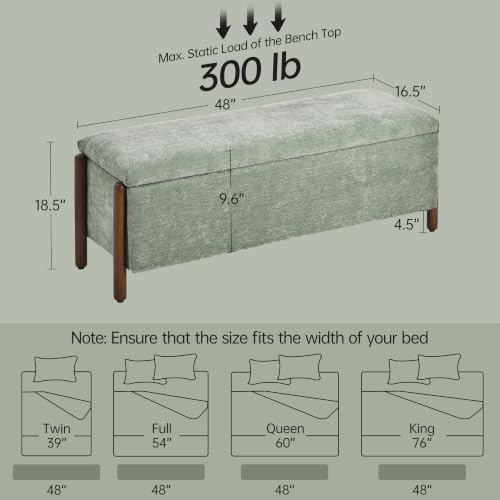 Usaint 47" Fabric Upholstered End of Bed Storage Ottoman Bench, Light Green - Image 2