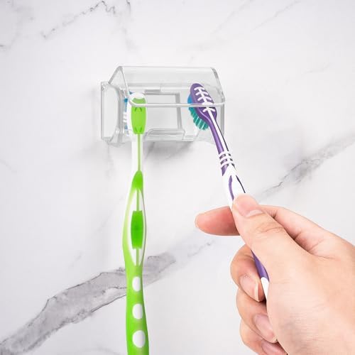Toothbrush Holder Wall Mounted with Cover for Bathroom, 2 Slots Toothbrush Storage Organizer for Shower, Self Adhesive Toothbrush Hanger Rack for Dorm, Cabinet (Clear) by LUEXBOX