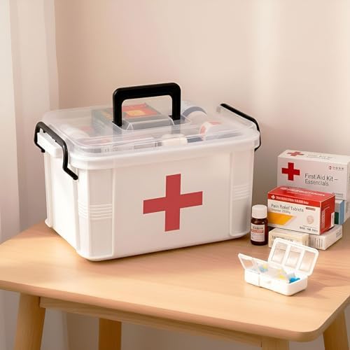 15QT Clear Medicine Organizer Box with Handle, Plastic Medicine Container with Tray First Aid Box Empty, Thickened Medicine Storage Organizer Multipurpose Medication Organizer Storage, White - Image 2