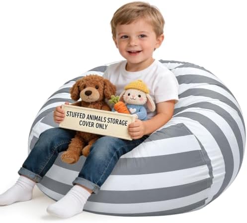 Lukeight Stuffed Animal Storage Bean Bag Chair Cover for Kids, Velvet Plush Toy Organizer Seat, Cover Only, No Filling Included, Long YKK Zipper, Side Pocket, Large 27"D x 16"H by Lukeight