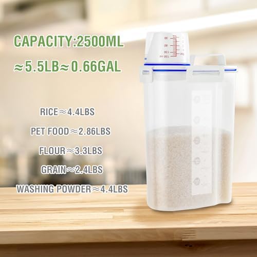 2 Pcs 5.5Lbs Rice Storage Container, Rice Container with Measuring Cup & Pour Spout, Kitchen Plastic Airtight Container for Cereal, Grain, Flour, Sugar, Oatmeal, Dry Pet Dog Food - Image 3