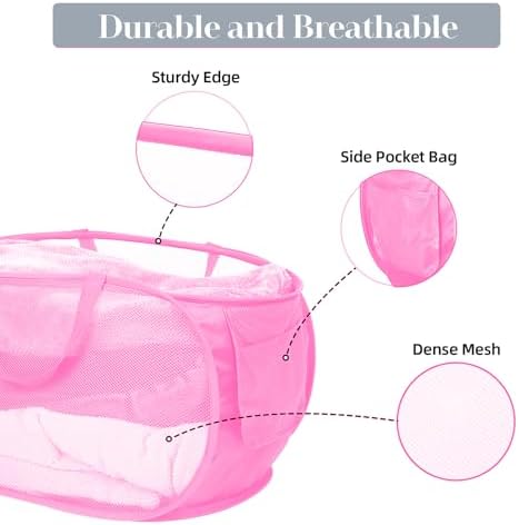 Durable Collapsible Laundry Baskets, Mesh Pop Up Laundry Hamper with Side Pocket, Foldable Clothes Hamper with Reinforced Carry Handles for Laundry, Bathroom, Kids Room, Dorm or Travel 2 Pack Pink - Image 4