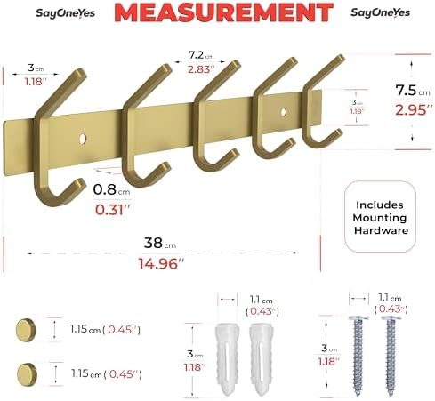 Brushed Gold Wall Mounted Coat Rack – 15 Inch Stainless Steel Rail with 5 Double Coat Hooks for Entryway, Bathroom, Bedroom, Kitchen – Modern Gold Hook Rack for Coats, Hats, Towels - Image 2